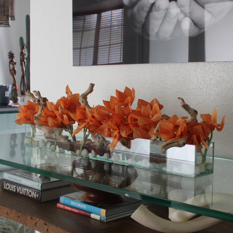 Casa Moderna Glass Plate Orchids Floral Arrangement in Planter