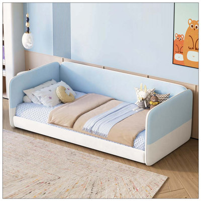 Montessori Floor Bed with Upholstered Headboard and Armrests, Velvet Floor Bed Frame with Soft and Safe Design, Low Profile Platform Bed with Protective Sides