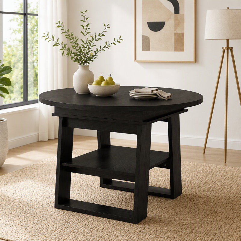 Table de salle à manger extensible ronde avec rallonge intégrée, L 59 po, Noir