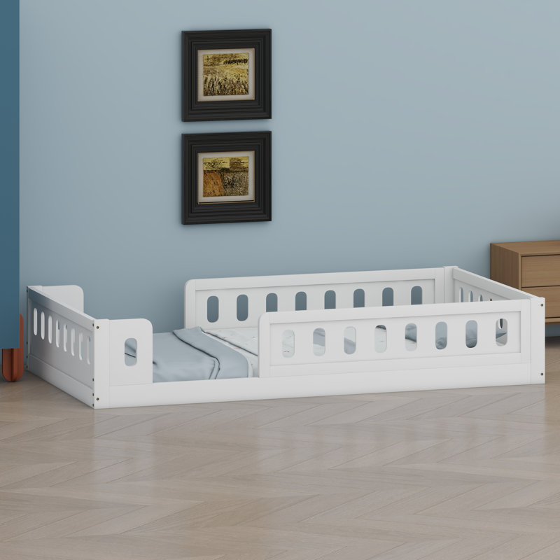 Wooden Platform Bed Frame with Safety Guardrail, White