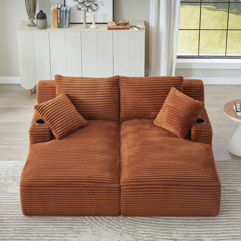 Double méridienne compressible orange avec porte-gobelets, aucun assemblage requis, canapé-lit moelleux moderne pour la lecture à l'intérieur de la chambre à coucher, rembourrage à ressorts, durabilité en tissu de velours côtelé