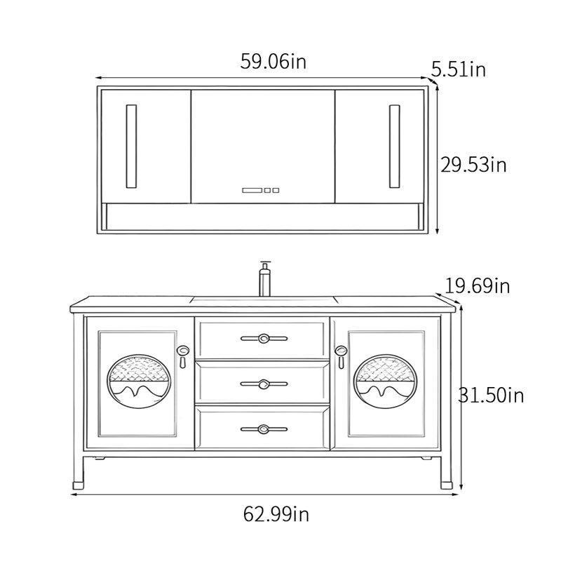 Chinese style retro bathroom cabinet., 31.5" H x 62.99" W x 19.69" D