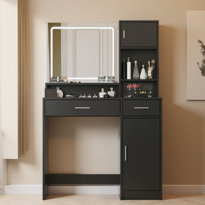 Vanity Desk With Mirror And LED Light Strip,Dressing Table With Large Drawer, 3 Level Storage Dresser & 3 Lighting Modes Adjustable Brightness