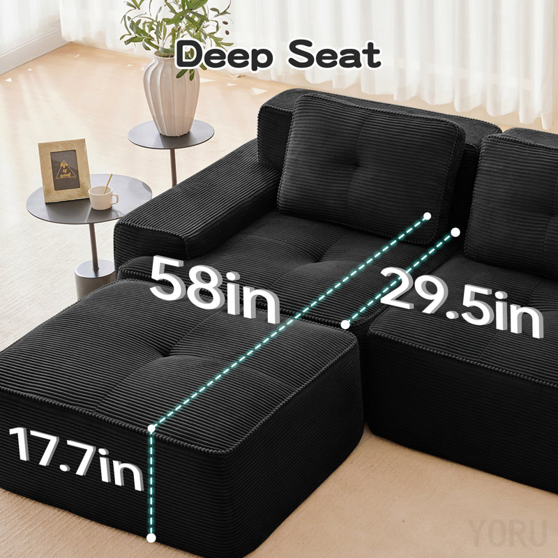 Canapé modulaire en U de 153 pouces en velours côtelé, 4 places, siège profond, 2 repose-pieds, capitonné - noir, L 150,4 po