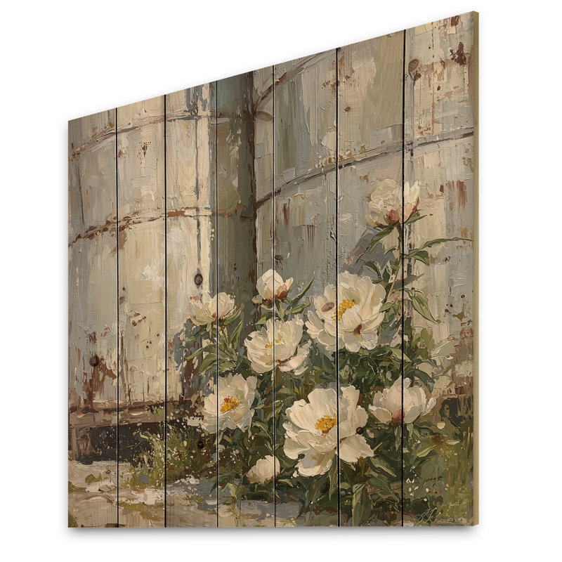 Pivoines le long du bac à céréales I - Décoration murale en bois de pivoines - sur bois de pin naturel