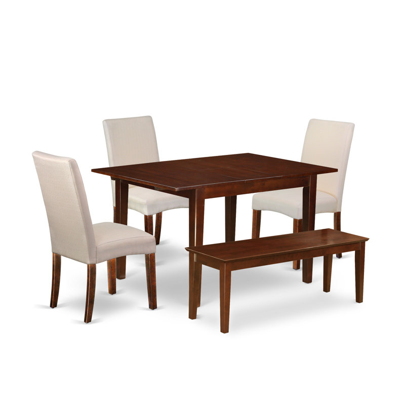 Ensemble de table de salle à manger 5 pièces comprenant une table rectangulaire en bois avec feuille papillon et 2 chaises en tissu crème avec 2 bancs, acajou