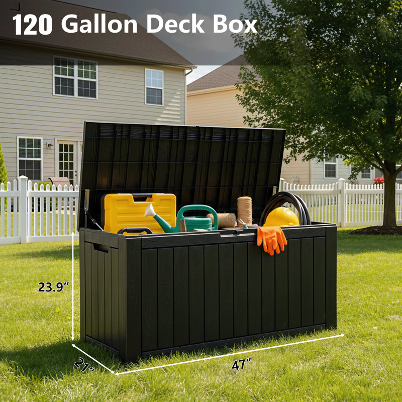 120 Gallon Resin Deck Box With Lockable And Waterproof, Black