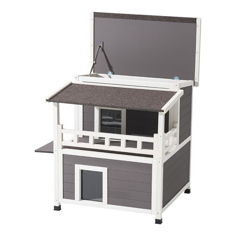 Maison pour chat isolée en bois - Abri pour chat extérieur de 2 étages avec balcon et isolation en mousse pour l'hiver