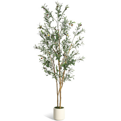 Olive artificielle avec feuilles en fausse soie et fruits réalistes, tronc en bois naturel, pot en céramique avec mousse verte