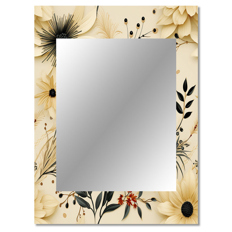Décoration murale noire et beige à motif de fleurs de chrysanthèmes - miroir floral, 40 po x 30 po