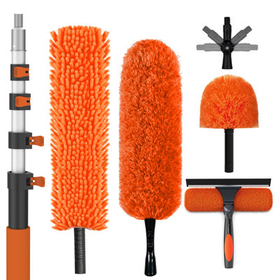12FT High Ceiling Duster Kit, Window Cleaning kit with 3-12FT Extension Pole, Fan Duster for Ceiling Fan Blades, Microfiber Feather Duster, Rotatable Window Squeegee and Cobweb Duster