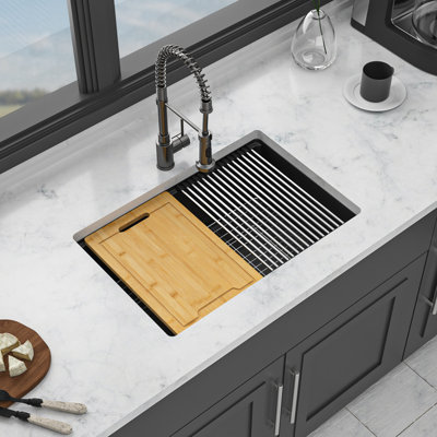 Quartz Kitchen Sink - 28" X 19" X 9.65" Black Granite Composite Workstation Undermount Kitchen Sink