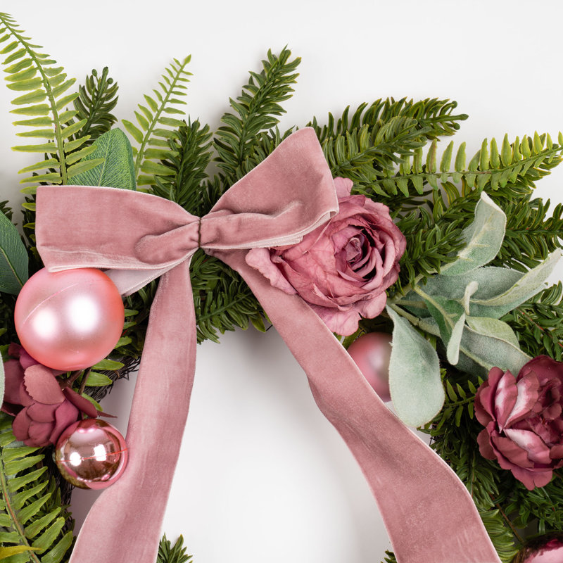 50cm Dusky Rose Wreath with Pink Bow
