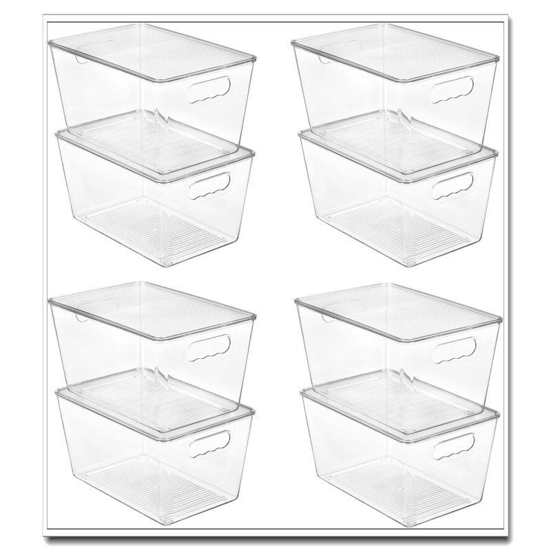 Paquet de 8 bacs de rangement empilables transparents avec couvercles - grands contenants en plastique avec poignée pour garde-manger / cuisine / réfrigérateur / armoire / salle de bain