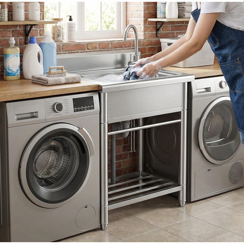 22" Freestanding Single Bowl 304 Stainless Steel Utility Sink, Stand‑Alone Heavy‑Duty Multi‑Purpose Laundry Tub, Commercial‑Style Sink for Kitchen, Laundry Room, Workshop, Garage, Farmhouse, Pet Care