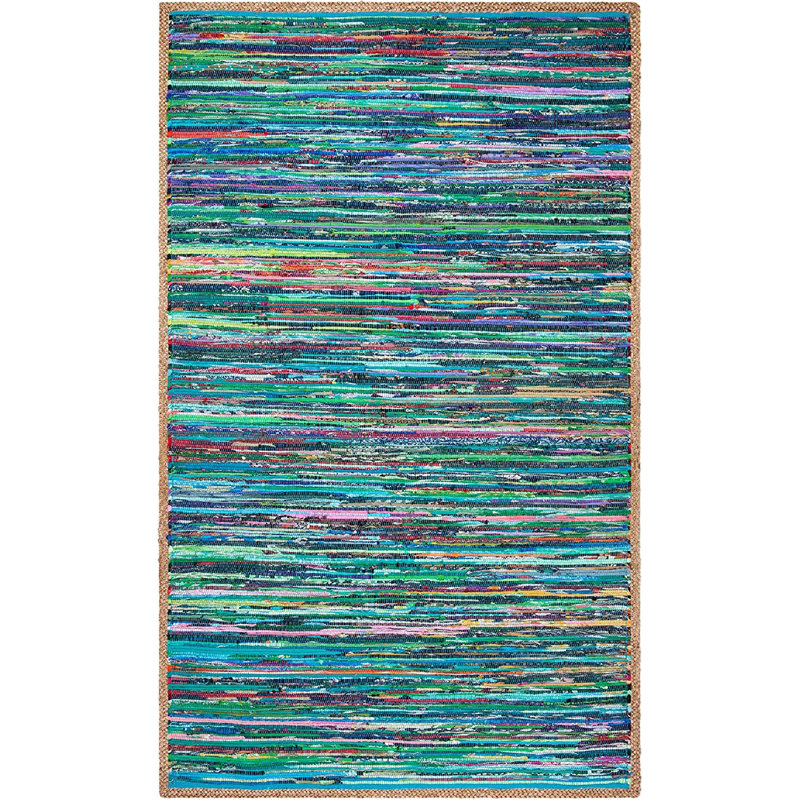 Tapis intérieur / extérieur en coton abstrait tressé à la main bleu / vert / rose, Rectangle 8 pi x 10 pi