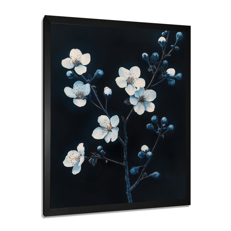 Indigo Night Bloom I - Décoration murale encadrée Fleurs de cerisier sur toile, H 40 po x l 30 po, Cadre photo noir