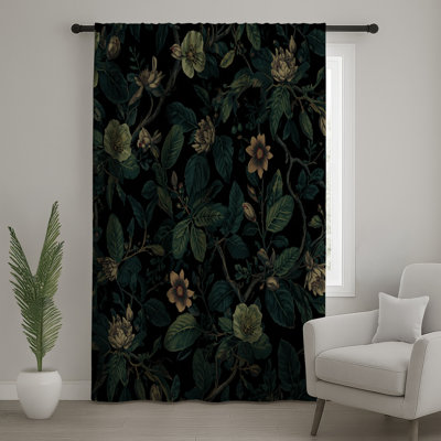 Rideaux de fenêtre foncés à motif botanique foncé, voilages et rideaux à motif floral - 1 panneau