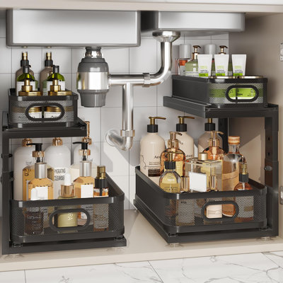 Under Sink Organizer With Next-Gen Ball-Bearing Slides, 2-Tier Precision Mesh Pull Out Cabinet Drawers Storage for Bathroom&Kitchen, Height Adjustable Shelf, 2 Pack, (Black)