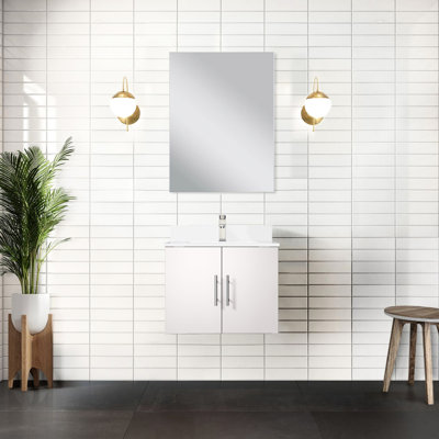 Bath Vanity Glossy White 24"X22", Quartz Countertop, 18" Mirror, Faucet - To Scratches And , Scratch Stain Design