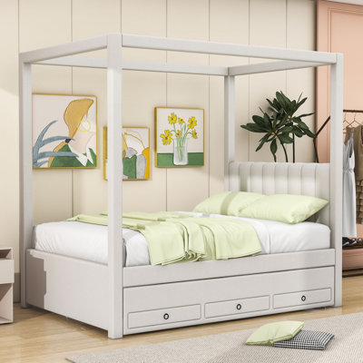 Wood Upholstered Canopy Platform Bed with Twin Trundle and 3 Drawers by Latitude Run