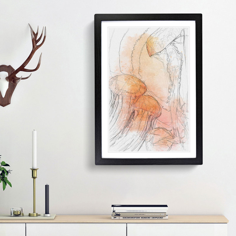The Orange Jellyfish in Abstract - Picture Frame Graphic Art Print, 87cm H x 62cm W x 2cm D, Black Framed
