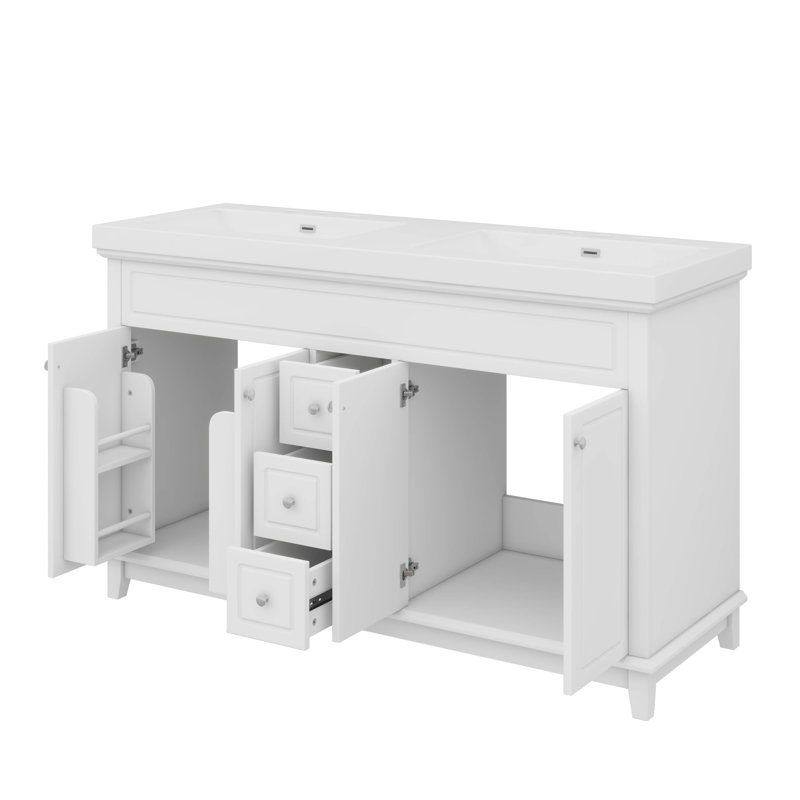 Meuble-lavabo à double cuve 60 ", pieds en bois massif, 3 tiroirs, 4 portes, 2 tablettes double couche, conception à fermeture en douceur