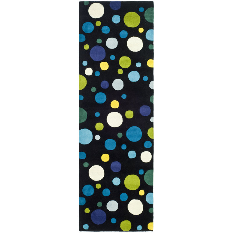 Tapis noir / multicolore en laine touffetée à la main Amier, Tapis de couloir 2 pi 6 po x 12 pi