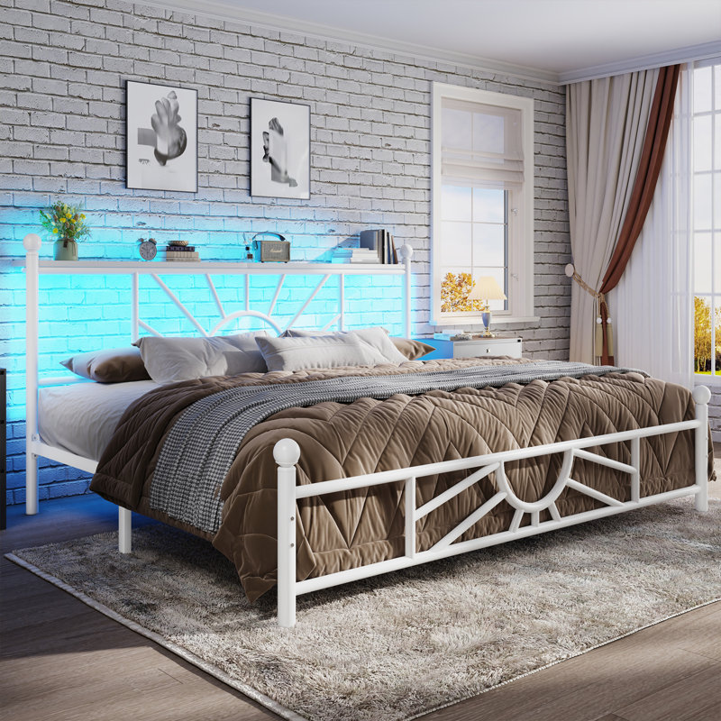 Vintage Metal Bed Frame with LED Lights, Storage Headboard & 10.2" Under Bed Storage, Noise-Free Sturdy Platform Bed, White