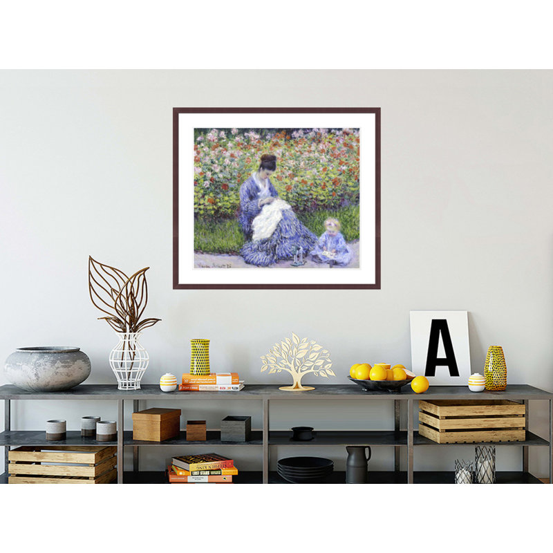 Camille Monet et un enfant dans le jardin de l'artiste à Argenteuil par Claude Monet, impression giclée encadrée