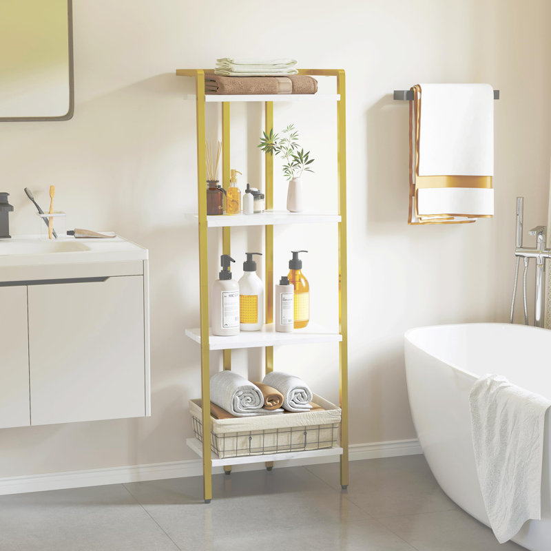 4 Tier Bookshelf, Gold Narrow Bookshelf with Metal Frame, Small Bookshelf with Open Display Shelves, Bookcase for Bedroom Living Room Home Office,White and Gold (2 Pack)