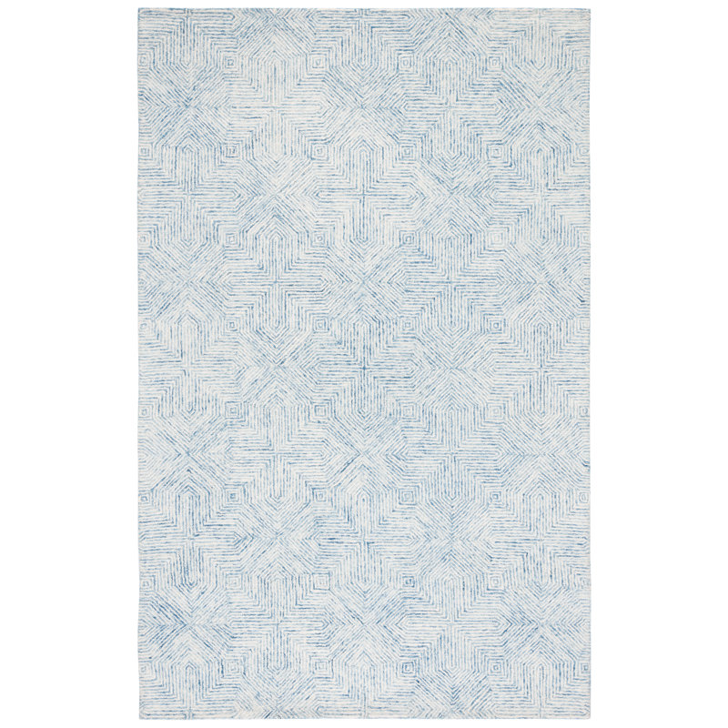 Tapis bleu / ivoire en laine et coton touffeté à la main Jaykon, Rectangle 6 pi x 9 pi