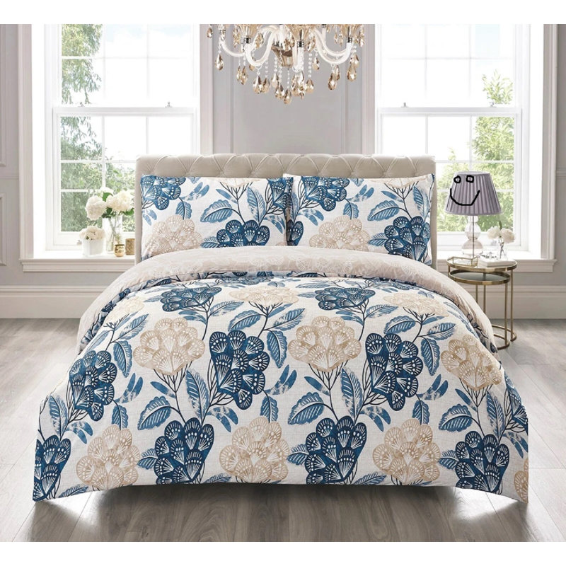 Cotton Duvet Cover Set, Double Duvet Cover  + 2 Standard Pillowcases, Bloom Blue
