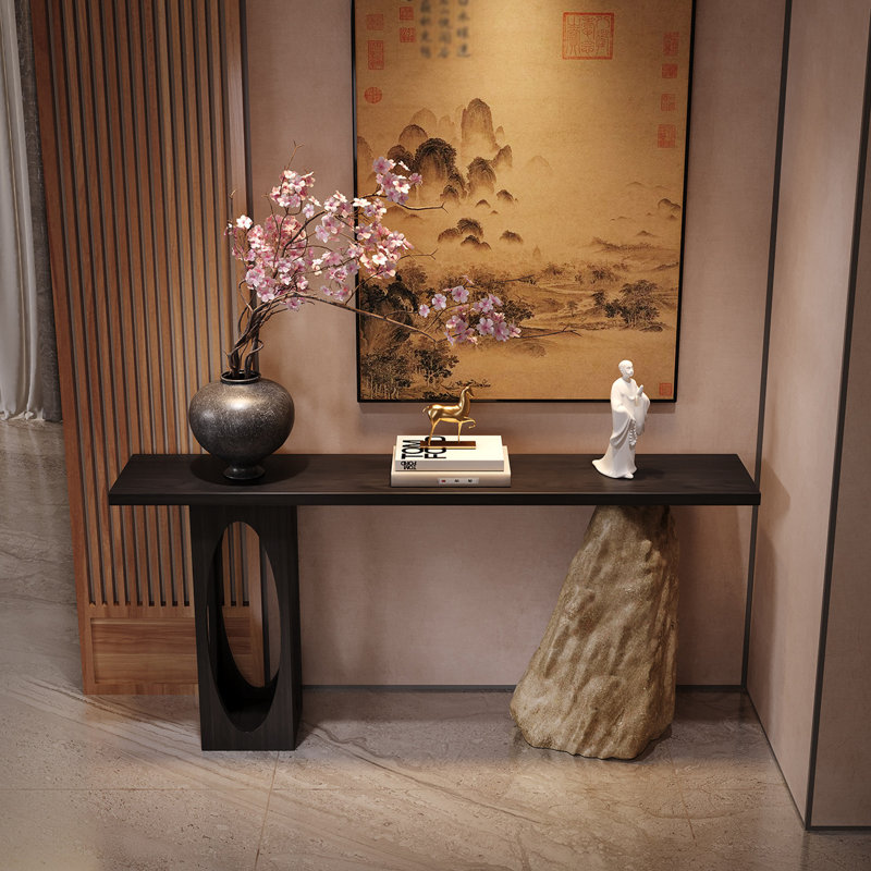 Console rétro de style chinois, 31.5" H x 59" W x 11.8" D, Noir, Noir, Noir