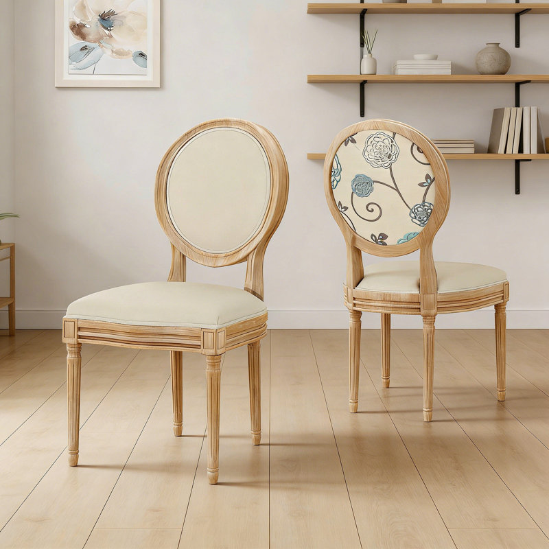 Chaise d'appoint en velours French Country, Motif floral beige / bleu, Naturel