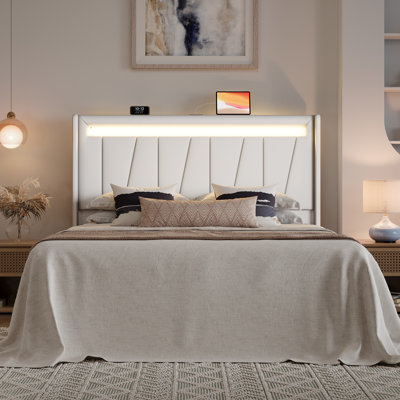 Modern Upholstered Bed Frame With RGB LED Lights, Charging Station & Geometric Wingback Headboard