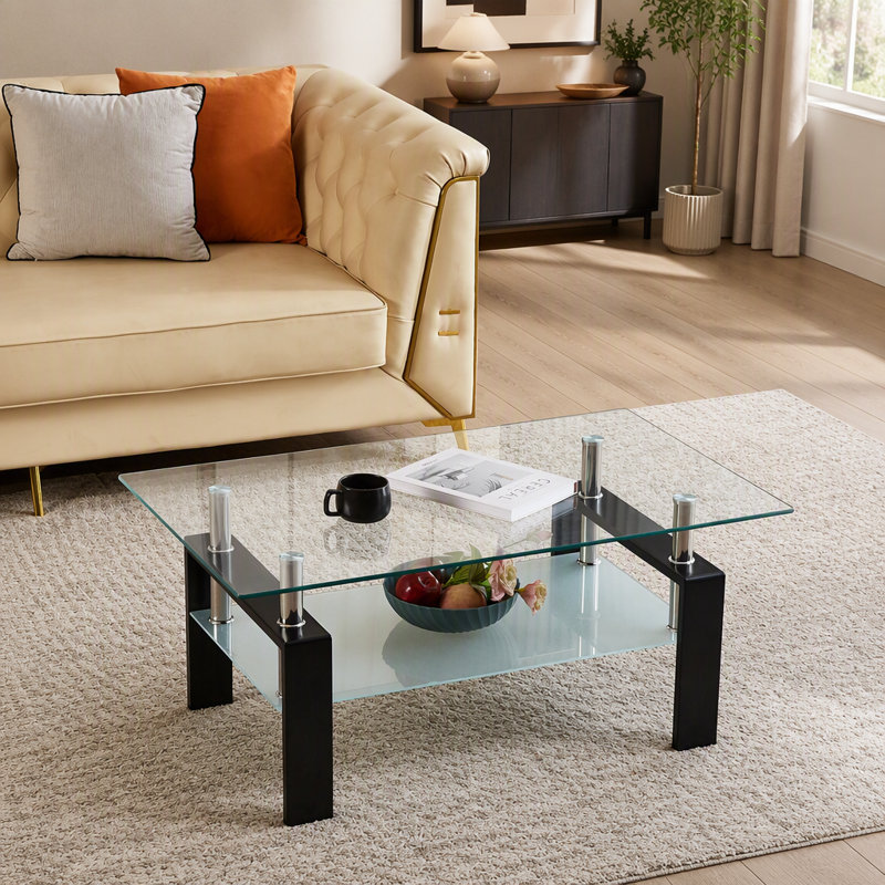 Coffee Table, 17.32" H x 39.37" W x 23.62" D, Transparent / Black