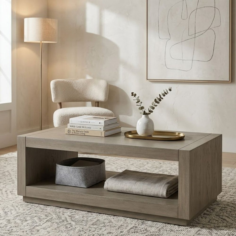 Kirston Table basse rectangulaire en bois naturel avec tablette ouverte