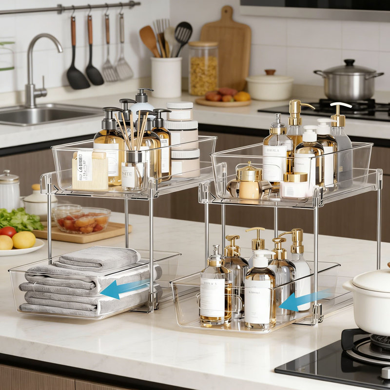 Rangement sous-évier à 2 niveaux avec tiroirs coulissants, rangement transparent pour salle de bain et cuisine pour meuble-lavabo, armoire, garde-manger, paquet de 8