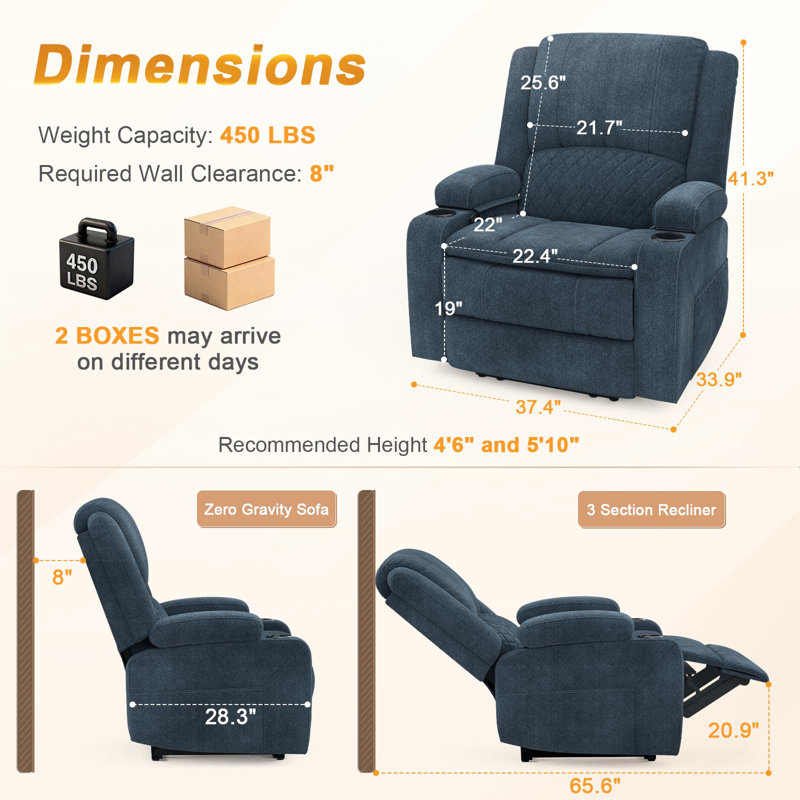 Single Recliner Sofa for RV & Home, 3-Position Recliner with Arm Storage and Side Pocket, Fabric, Blue