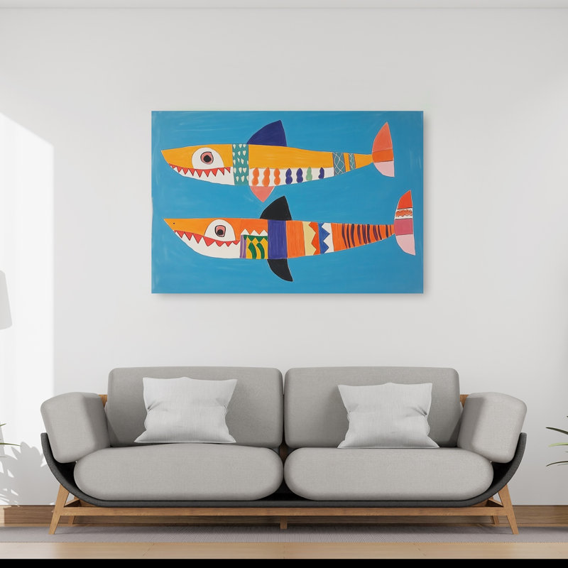 Impression d'art mural coloré coloré, joyeux requins, océan, H 40 po x l 60 po