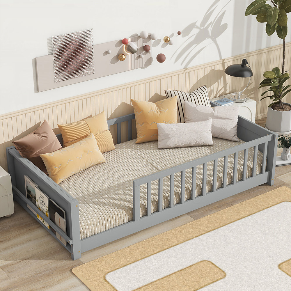 Latitude Run® Sturdy Rubber Wood Floor Bed with Guardrails and Built-in ...
