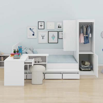 Lit plateforme avec tiroirs, tablettes, bureau et garde-robe