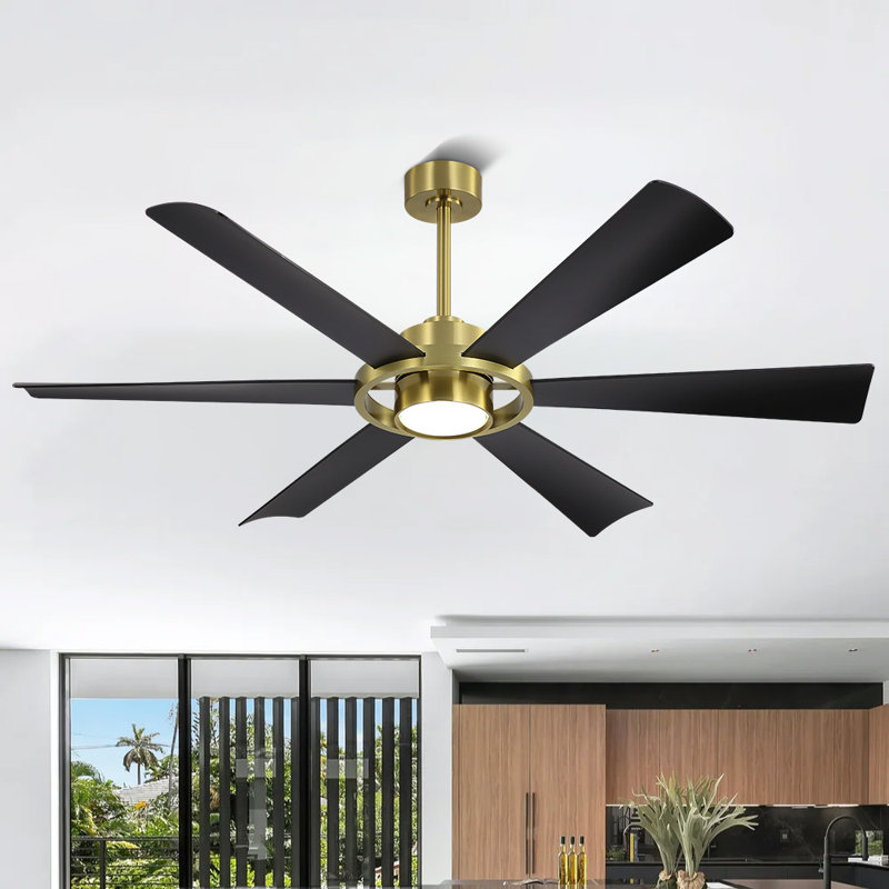 6 ABS Plastic Blades Indoor Led Ceiling Fan With Remote 3 Down-rods 6-Speed Reversible DC Motor, Black and Gold, Black, Gold