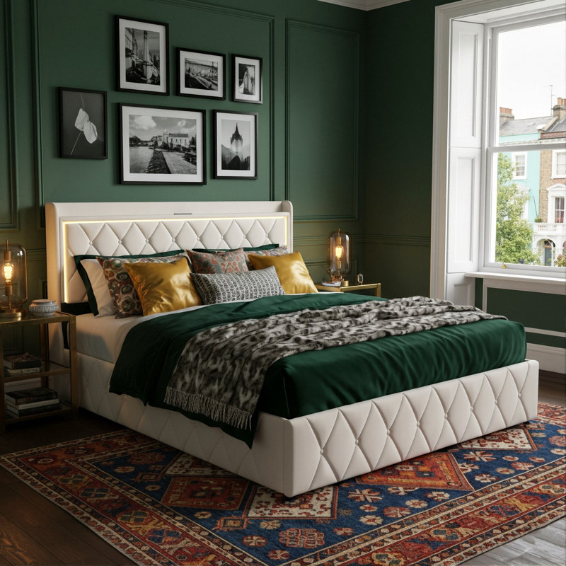 European Double & King Velvet Ottoman Bed With LED Storage Headboard, Frame With Charging Port, Beige