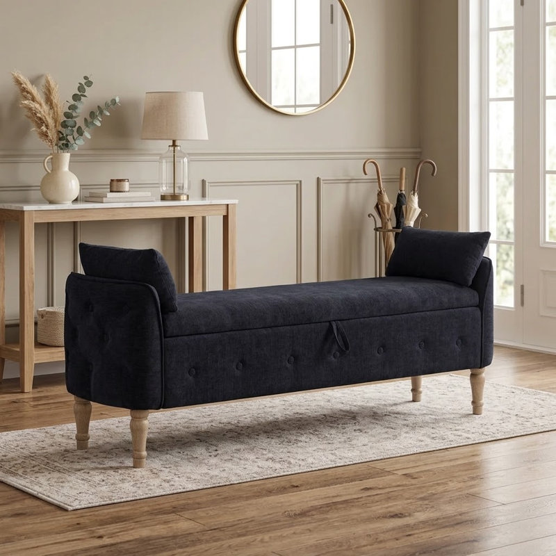 Banc de rangement en lin 67 po pour lit très grand avec accoudoirs touffetés et poche à fermeture à glissière, 67" W, Noir