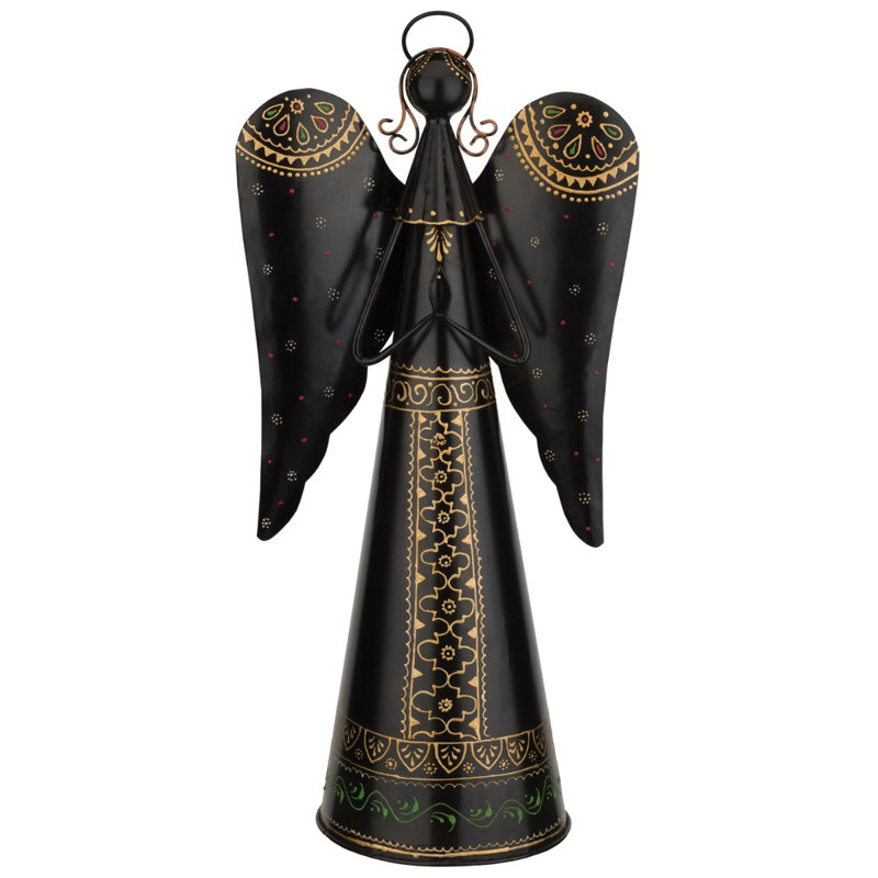 Figurine d'ange debout en métal avec une aile complexe et une œuvre d'art peinte à la main détaillée, Noir