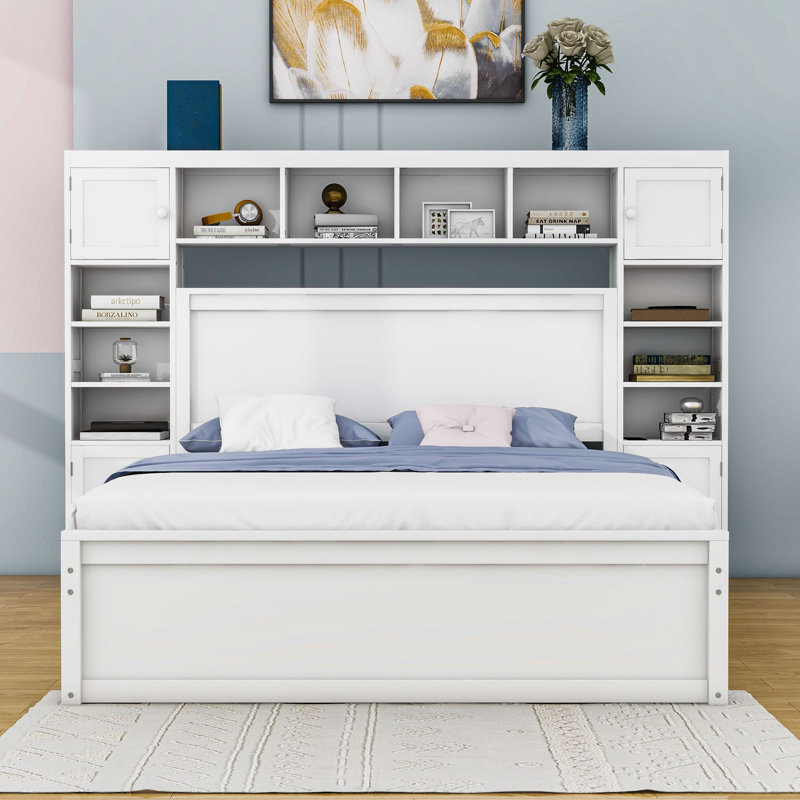 Grand lit avec armoire tout-en-un Philman, tablettes, 4 tiroirs et douilles Philman, Blanc