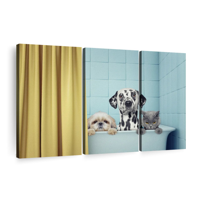 Animaux de compagnie dans une baignoire, reproduction sur toile, H 20 po x l 33 po x P 1,25 po