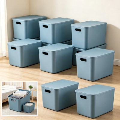 Paquet de 8 bacs de rangement en plastique bleus avec couvercles, contenants de rangement empilables avec poignées pour tablettes, bureau, salle de jeux et bureau, 14,2 po x 10,2 po x 9,5 po chacun